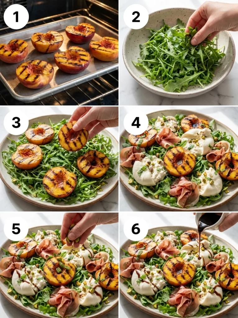 A six-panel collage showing the step-by-step assembly of a roasted peach and burrata salad, from roasting the fruit to the final garnish.