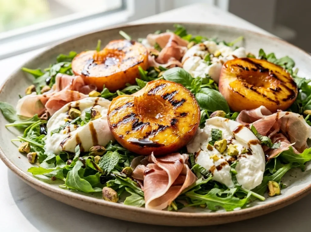 A close-up overhead shot of a vibrant salad featuring roasted peaches, creamy burrata cheese, prosciutto, and arugula with balsamic glaze.