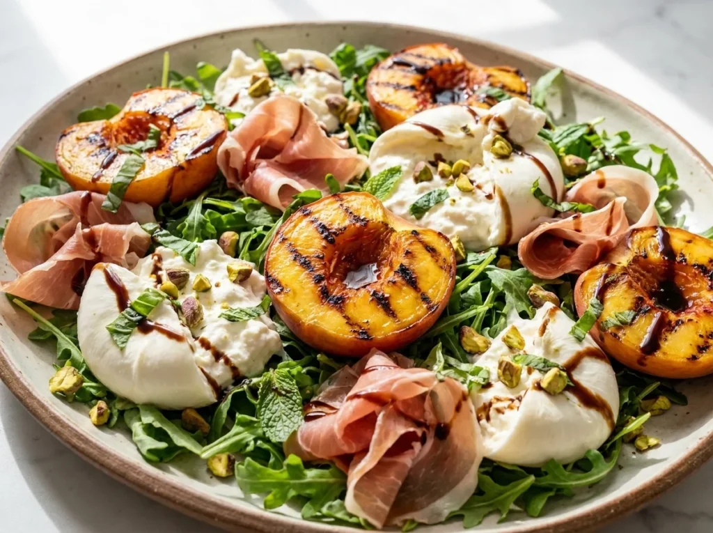 A close-up overhead shot of a vibrant salad featuring roasted peaches, creamy burrata cheese, prosciutto, and arugula with balsamic glaze.