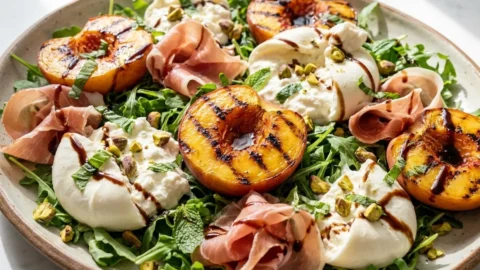 A close-up overhead shot of a vibrant salad featuring roasted peaches, creamy burrata cheese, prosciutto, and arugula with balsamic glaze.