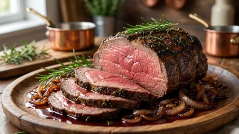 A close-up of thinly sliced, medium-rare beef rump roast with a dark herb crust and red wine gravy on a wooden board.