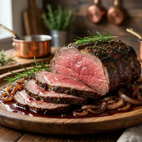 A close-up of thinly sliced, medium-rare beef rump roast with a dark herb crust and red wine gravy on a wooden board.