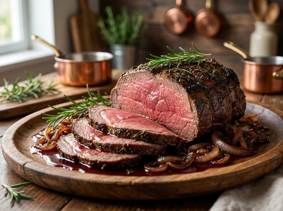 A close-up of thinly sliced, medium-rare beef rump roast with a dark herb crust and red wine gravy on a wooden board.