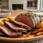 Slices of tender medium-rare rump roast served with roasted Yukon gold potatoes and carrots on a platter.