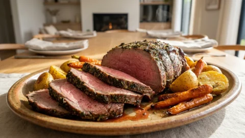 Slices of tender medium-rare rump roast served with roasted Yukon gold potatoes and carrots on a platter.