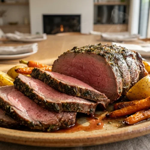 Slices of tender medium-rare rump roast served with roasted Yukon gold potatoes and carrots on a platter.