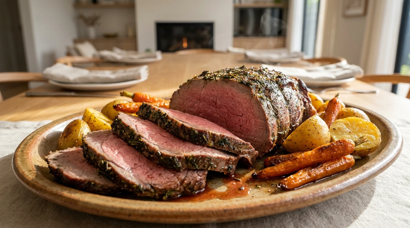 Slices of tender medium-rare rump roast served with roasted Yukon gold potatoes and carrots on a platter.