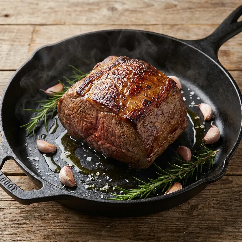 A beautifully seared raw rump roast in a cast-iron skillet, surrounded by fresh rosemary and garlic cloves