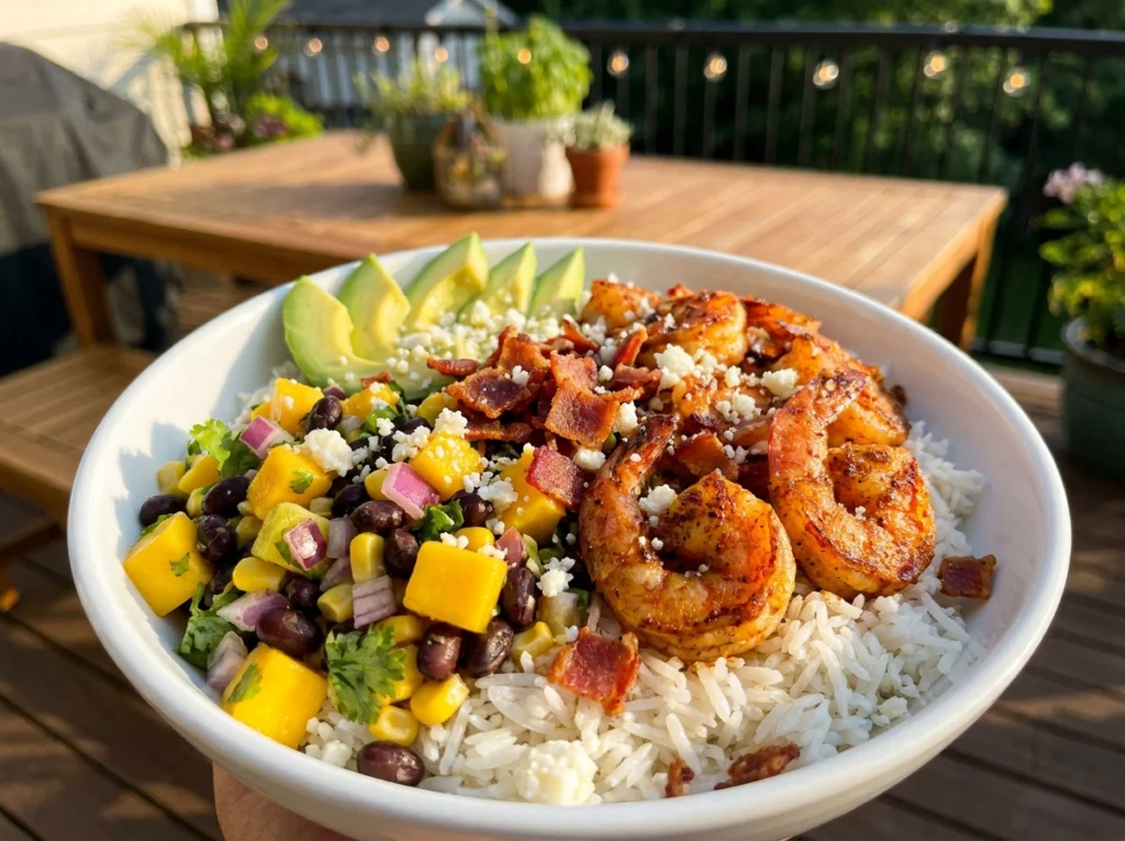 A colorful summer shrimp bowl topped with mango salsa, avocado, black beans, and grilled shrimp on a white marble table.