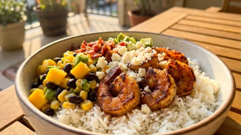 A colorful summer shrimp bowl topped with mango salsa, avocado, black beans, and grilled shrimp on a white marble table.