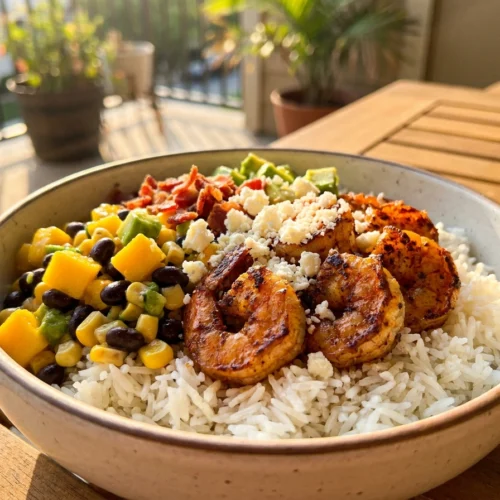 A colorful summer shrimp bowl topped with mango salsa, avocado, black beans, and grilled shrimp on a white marble table.