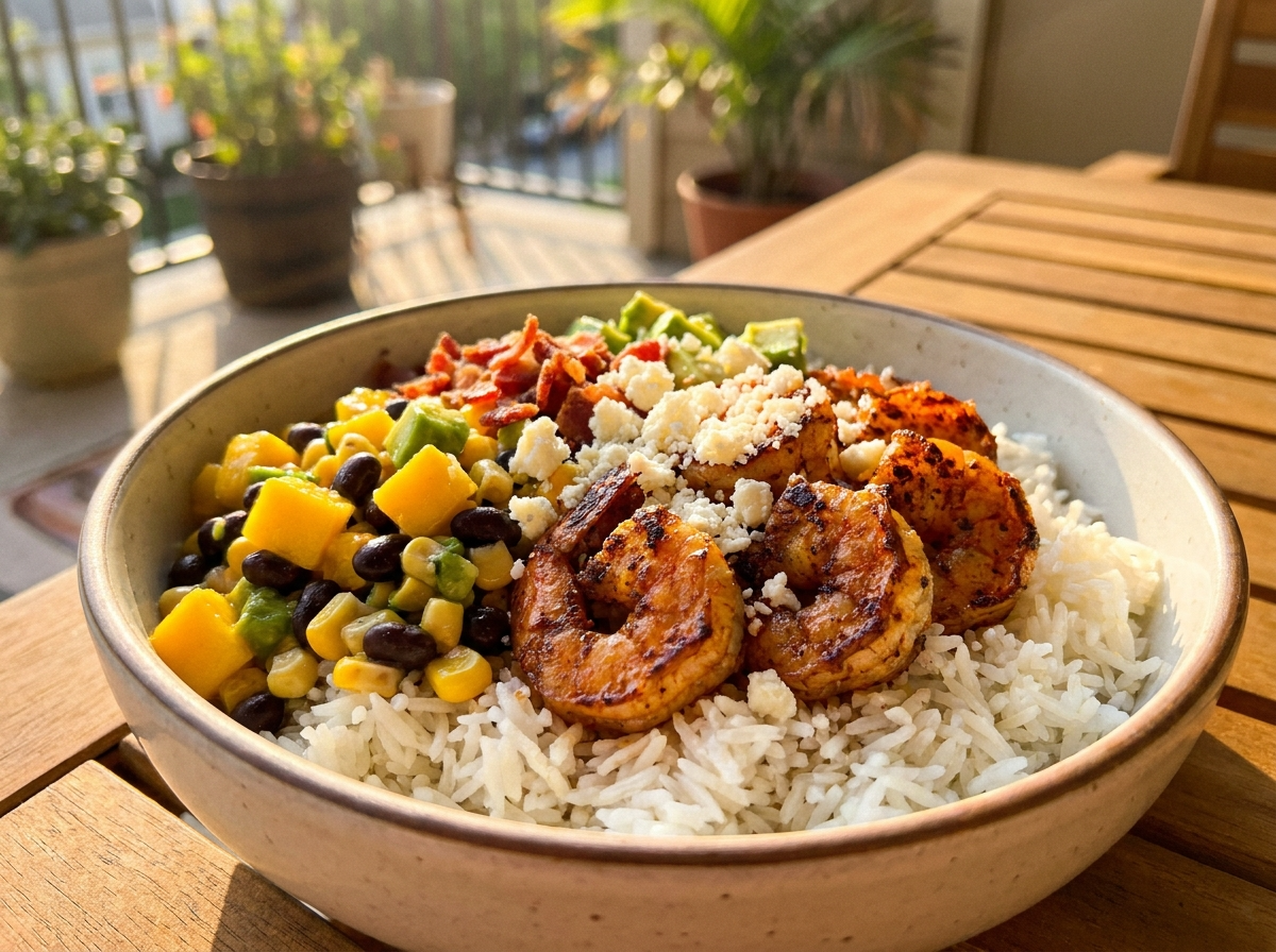 A colorful summer shrimp bowl topped with mango salsa, avocado, black beans, and grilled shrimp on a white marble table.
