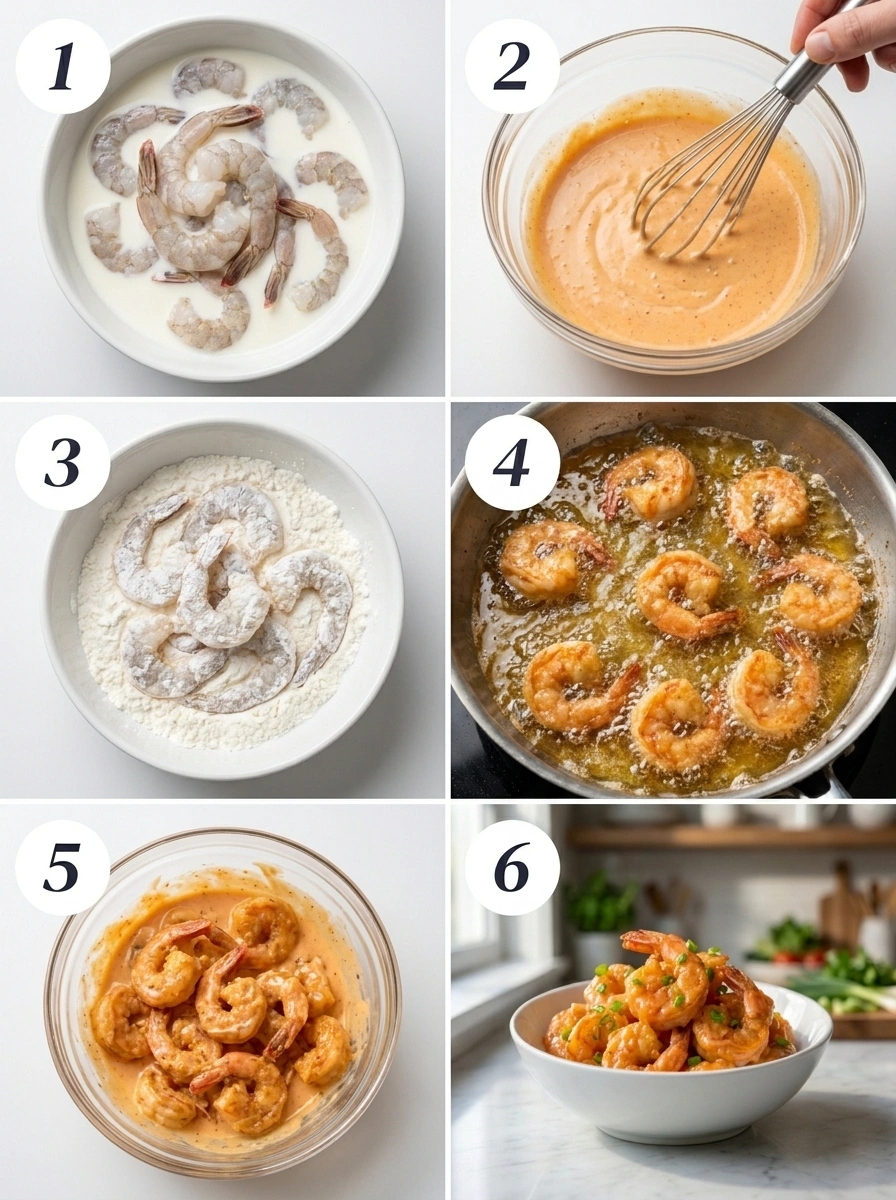 A sequence of six images showing the full cooking process for Bang Bang shrimp from start to finish.