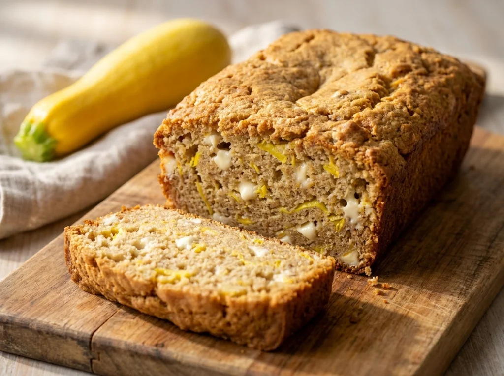 Close-up of a sliced loaf of golden summer squash bread with white chocolate chips on a wooden board.
