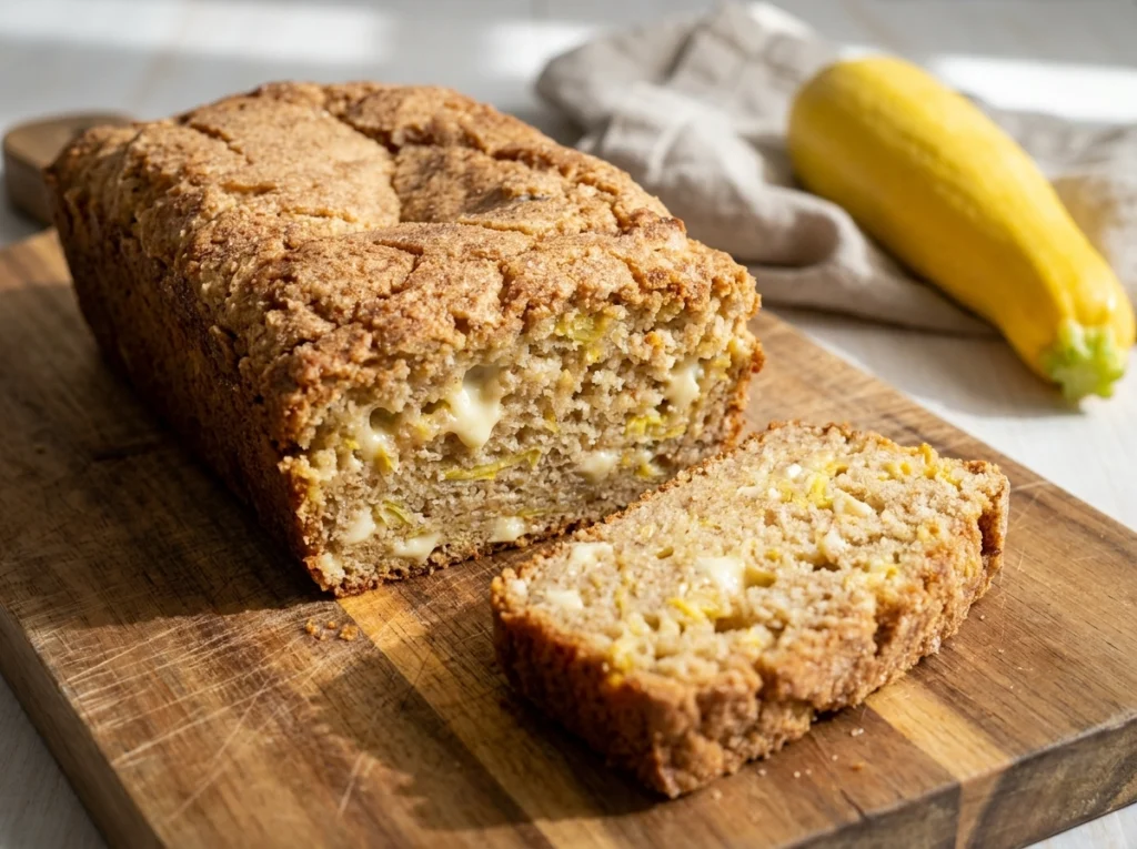 Close-up of a sliced loaf of golden summer squash bread with white chocolate chips on a wooden board.