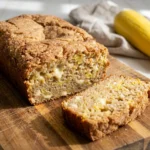 Close-up of a sliced loaf of golden summer squash bread with white chocolate chips on a wooden board.