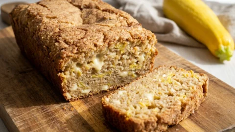 Close-up of a sliced loaf of golden summer squash bread with white chocolate chips on a wooden board.