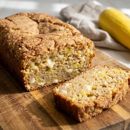 Close-up of a sliced loaf of golden summer squash bread with white chocolate chips on a wooden board.
