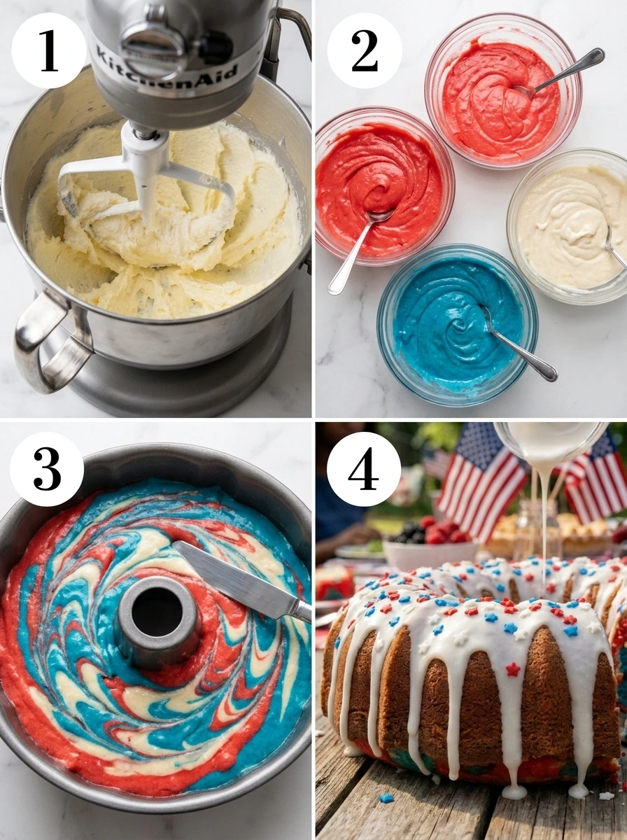 A four-panel grid showing the steps of making a patriotic swirled pound cake with step numbers.