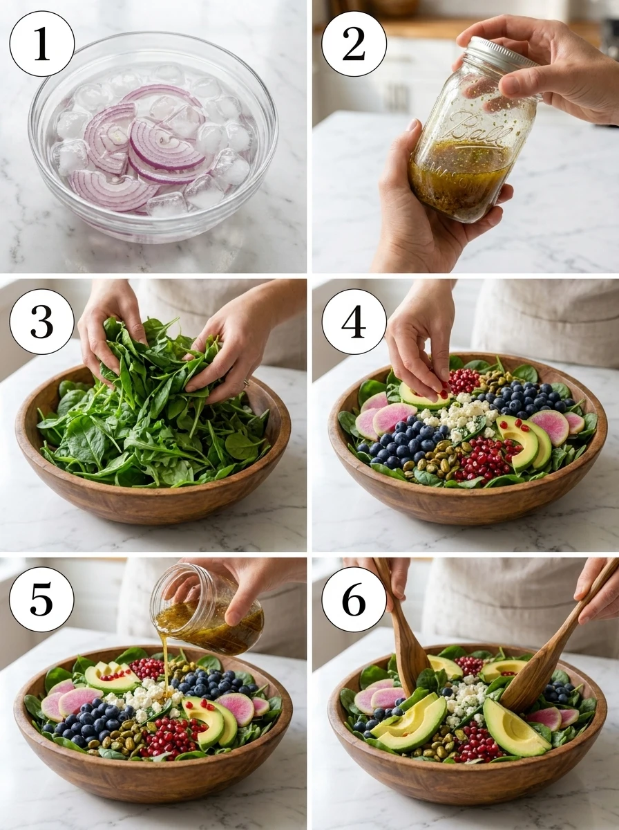 A six-panel collage showing the step-by-step process of making a Blueberry Pistachio Spring Salad