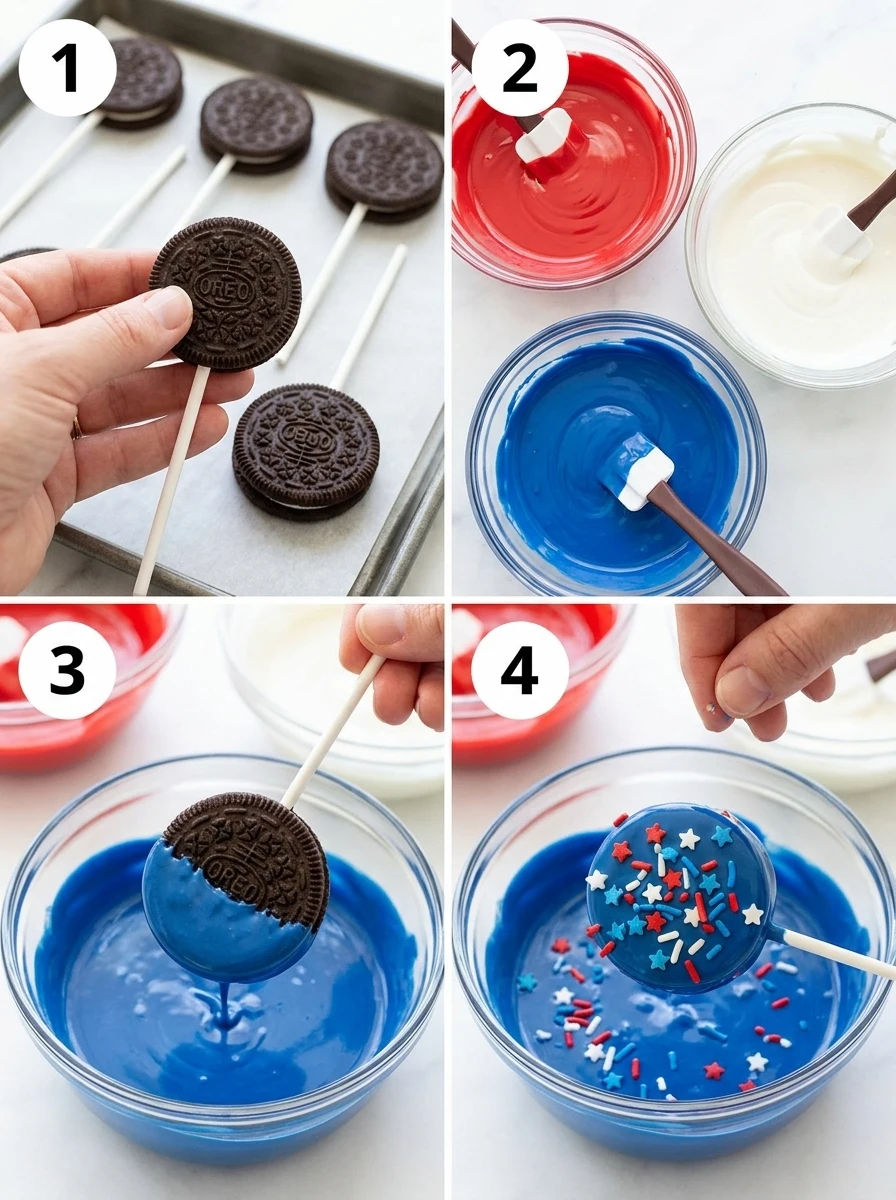 A four-panel grid showing the steps to make patriotic Oreo treats: inserting sticks, melting chocolate, dipping, and decorating.