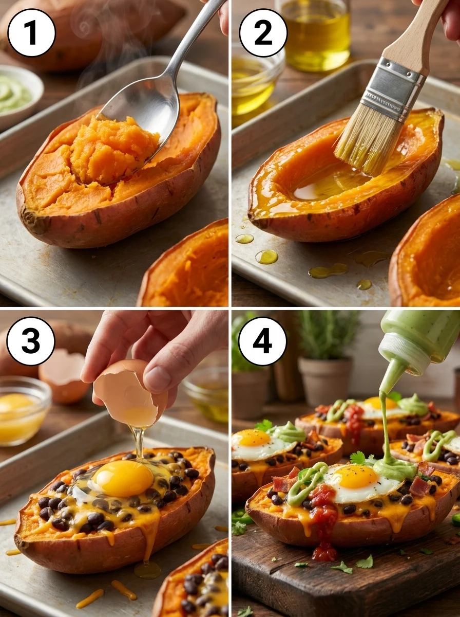 A four-panel grid showing the steps: scooping the potato, oiling the shell, adding the egg filling, and final garnishing.