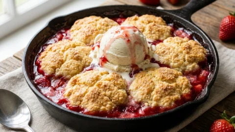 A warm strawberry rhubarb cobbler in a cast iron skillet topped with a melting scoop of vanilla ice cream.