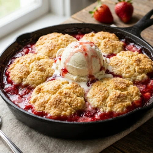 A warm strawberry rhubarb cobbler in a cast iron skillet topped with a melting scoop of vanilla ice cream.