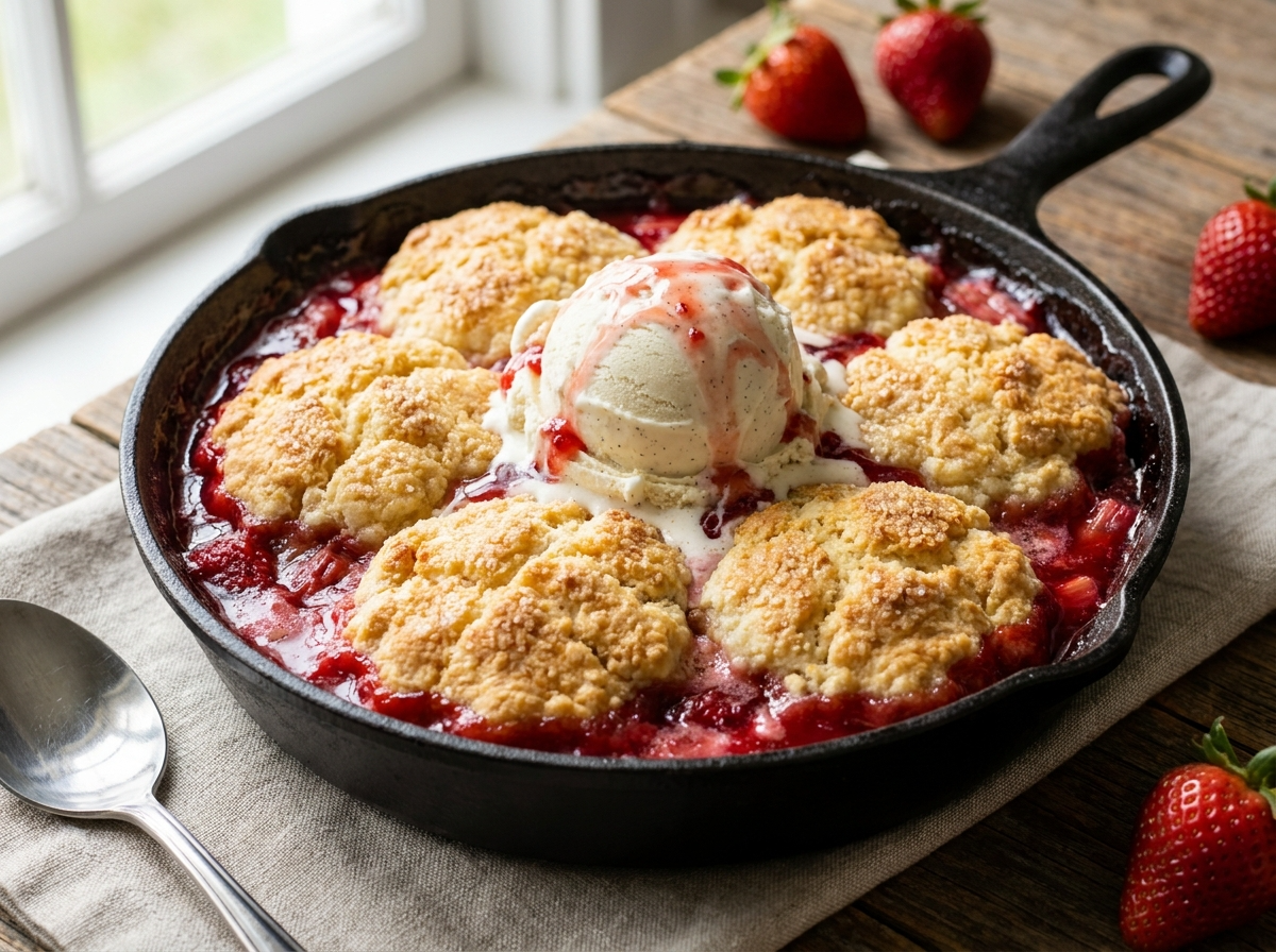 A warm strawberry rhubarb cobbler in a cast iron skillet topped with a melting scoop of vanilla ice cream.