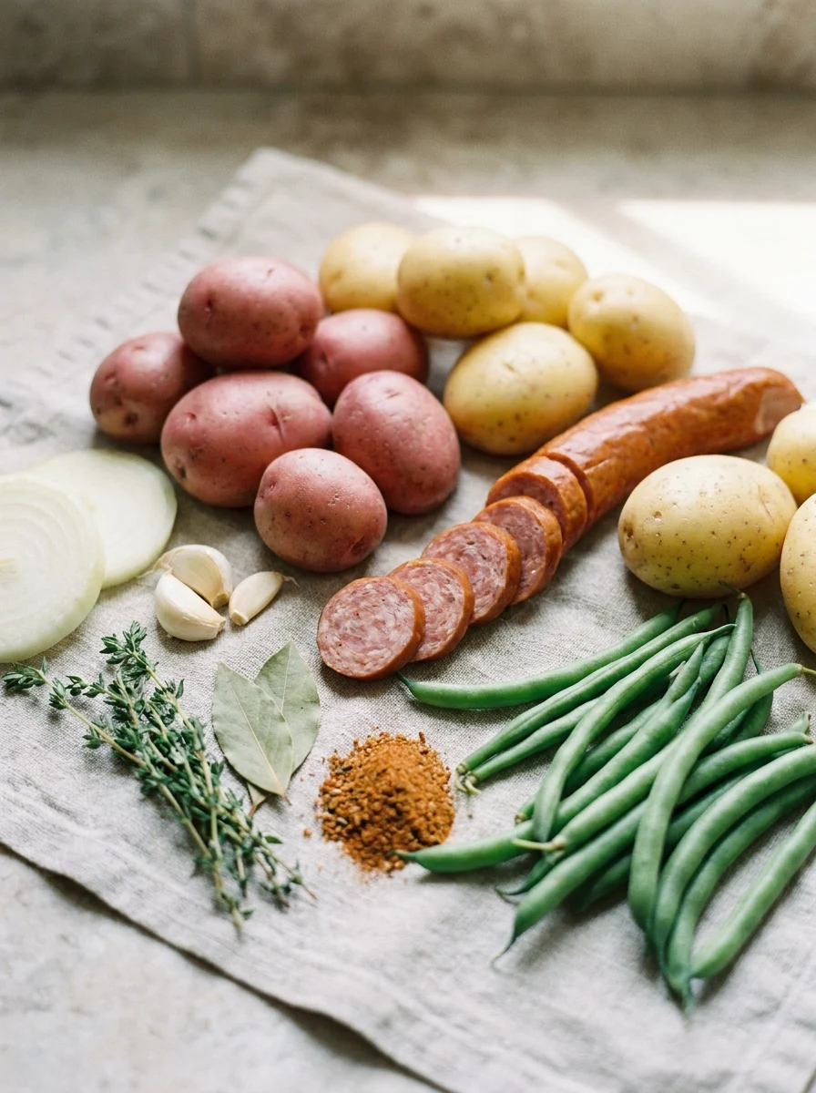 swamp potatoes recipe  Close-up of potatoes, smoked sausage, and green beans on a plate
