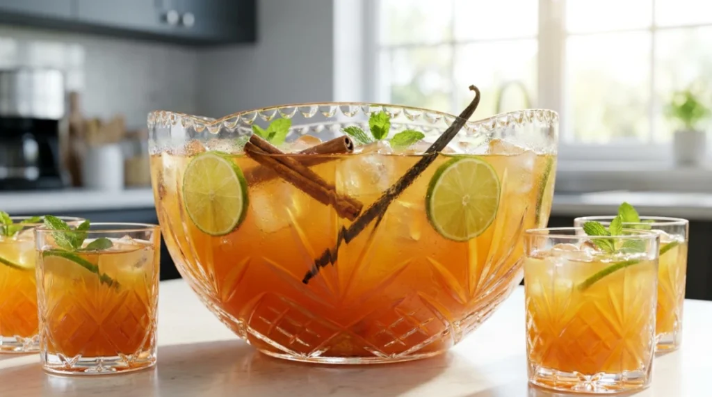 A crystal bowl and glasses filled with a refreshing orange tropical fruit punch, garnished with lime slices and cinnamon sticks on a bright kitchen counter.