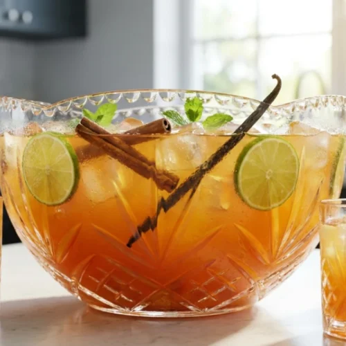 A crystal bowl and glasses filled with a refreshing orange tropical fruit punch, garnished with lime slices and cinnamon sticks on a bright kitchen counter.