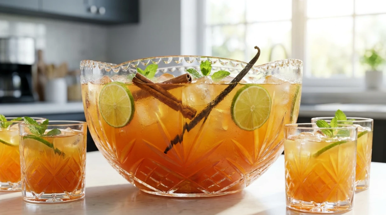 A crystal bowl and glasses filled with a refreshing orange tropical fruit punch, garnished with lime slices and cinnamon sticks on a bright kitchen counter.