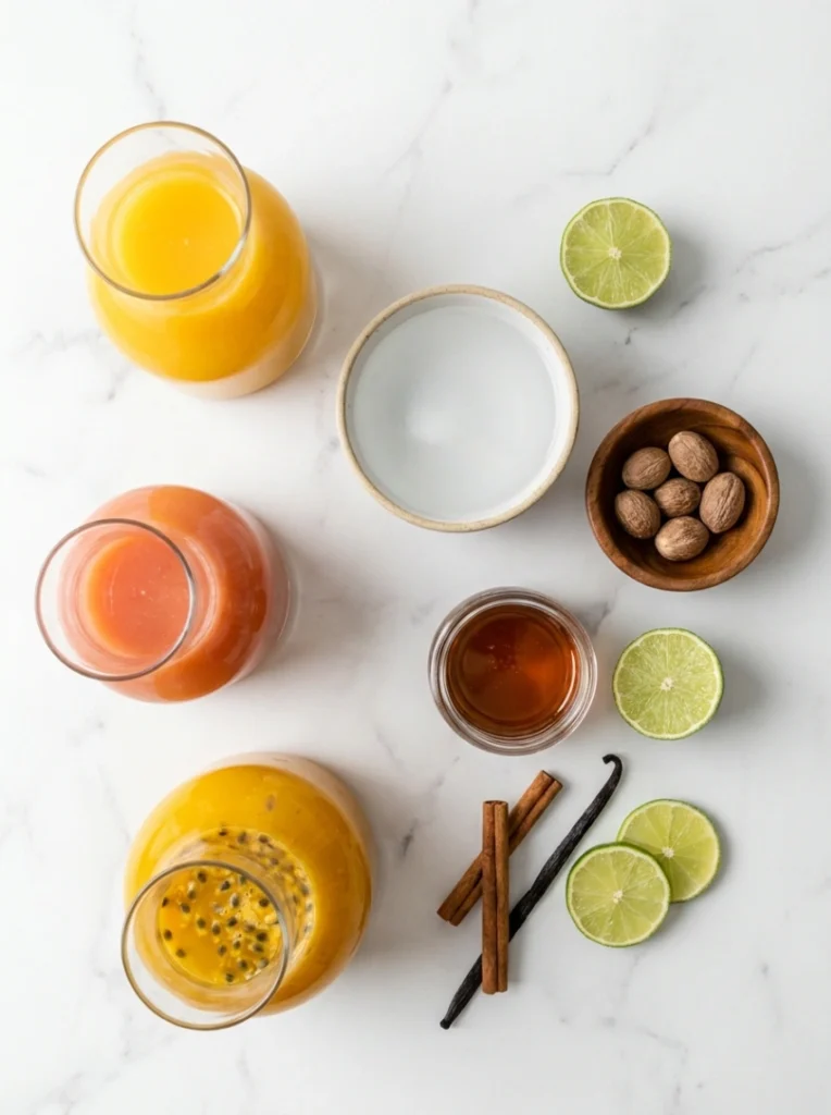 Overhead view of fruit juices, coconut water, lime slices, cinnamon sticks, and vanilla beans arranged neatly on a white marble background.
