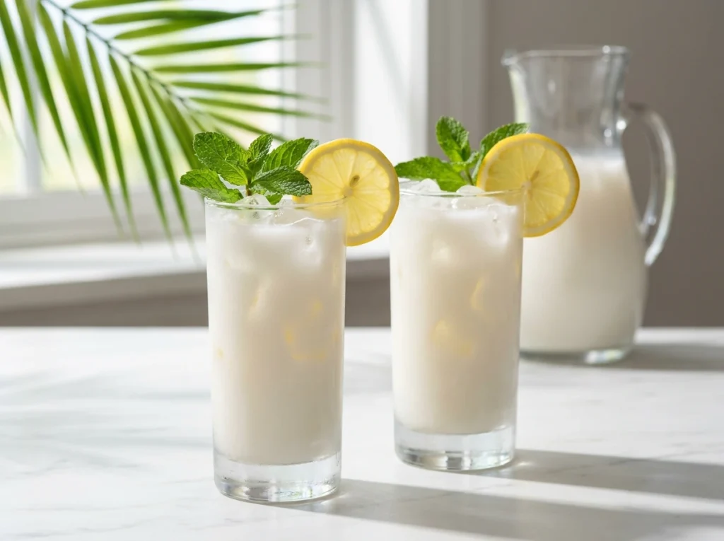 Two glasses of frothy white coconut lemonade with mint and lemon garnishes on a marble table.