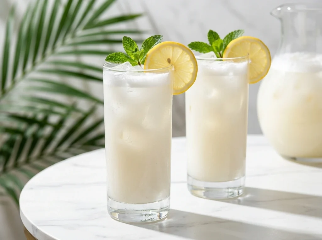 Two glasses of frothy white coconut lemonade with mint and lemon garnishes on a marble table.