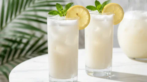 Two glasses of frothy white coconut lemonade with mint and lemon garnishes on a marble table.