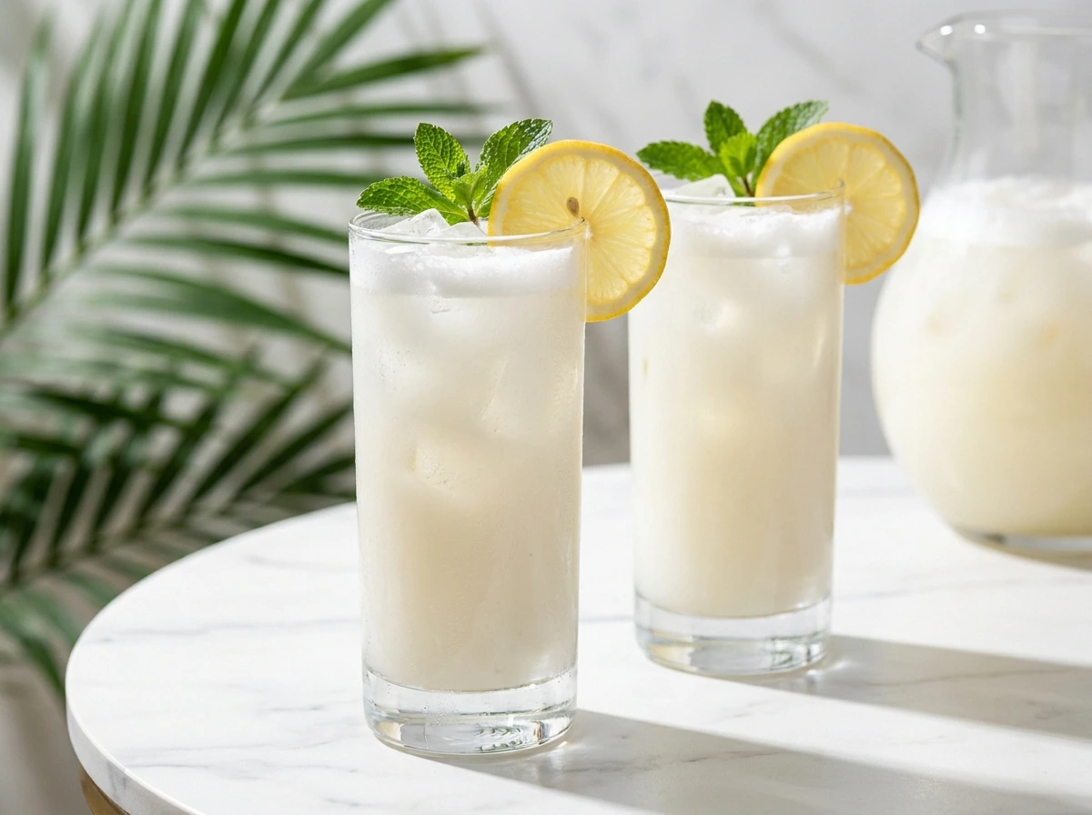 Two glasses of frothy white coconut lemonade with mint and lemon garnishes on a marble table.