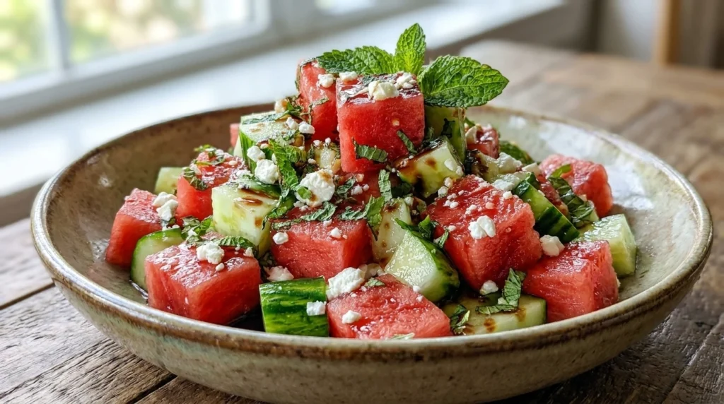 A vibrant Watermelon Feta Cucumber Salad with fresh mint and basil in a white ceramic bowl on a rustic table.