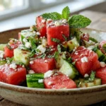 A vibrant Watermelon Feta Cucumber Salad with fresh mint and basil in a white ceramic bowl on a rustic table.