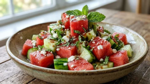 A vibrant Watermelon Feta Cucumber Salad with fresh mint and basil in a white ceramic bowl on a rustic table.