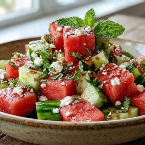 A vibrant Watermelon Feta Cucumber Salad with fresh mint and basil in a white ceramic bowl on a rustic table.