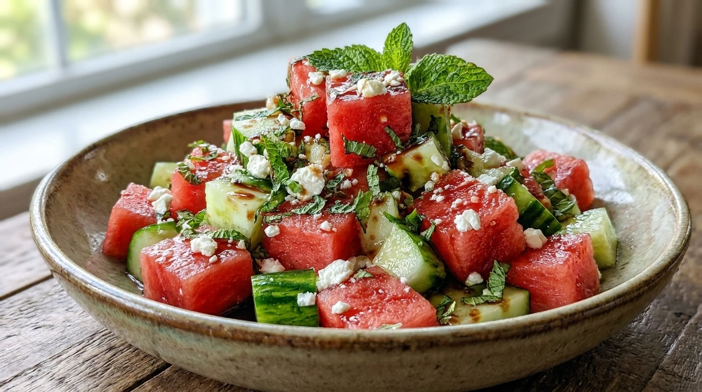 A vibrant Watermelon Feta Cucumber Salad with fresh mint and basil in a white ceramic bowl on a rustic table.