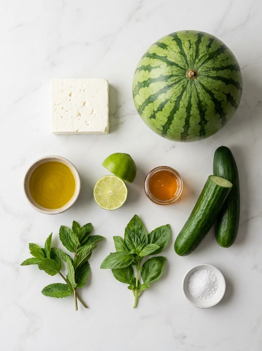 A flat-lay arrangement of watermelon, cucumbers, feta cheese, lime, honey, and fresh herbs on a marble surface.