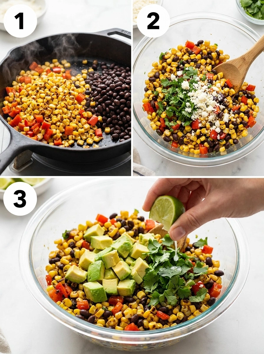 A three-step visual guide showing searing corn, mixing ingredients, and adding avocado.