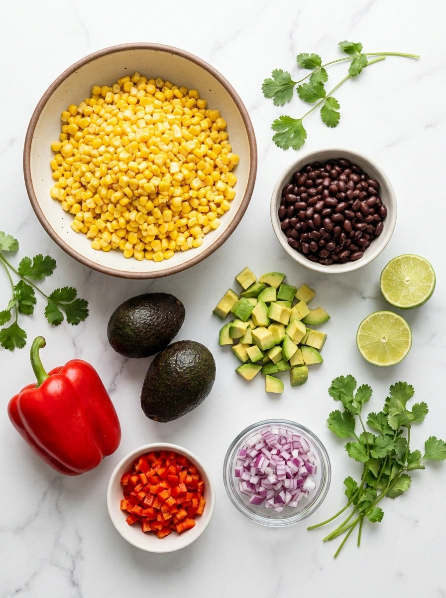 Overhead view of fresh corn, black beans, avocado, red pepper, and onion arranged on marble.