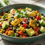 A vibrant bowl of Mexican street corn salad with charred corn, black beans, and avocado on a wooden table.