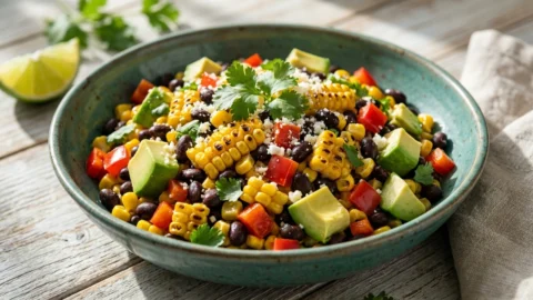 A vibrant bowl of Mexican street corn salad with charred corn, black beans, and avocado on a wooden table.