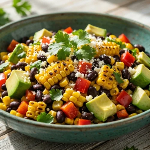 A vibrant bowl of Mexican street corn salad with charred corn, black beans, and avocado on a wooden table.
