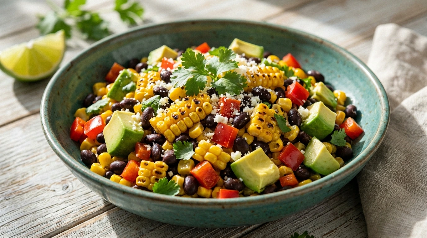 A vibrant bowl of Mexican street corn salad with charred corn, black beans, and avocado on a wooden table.